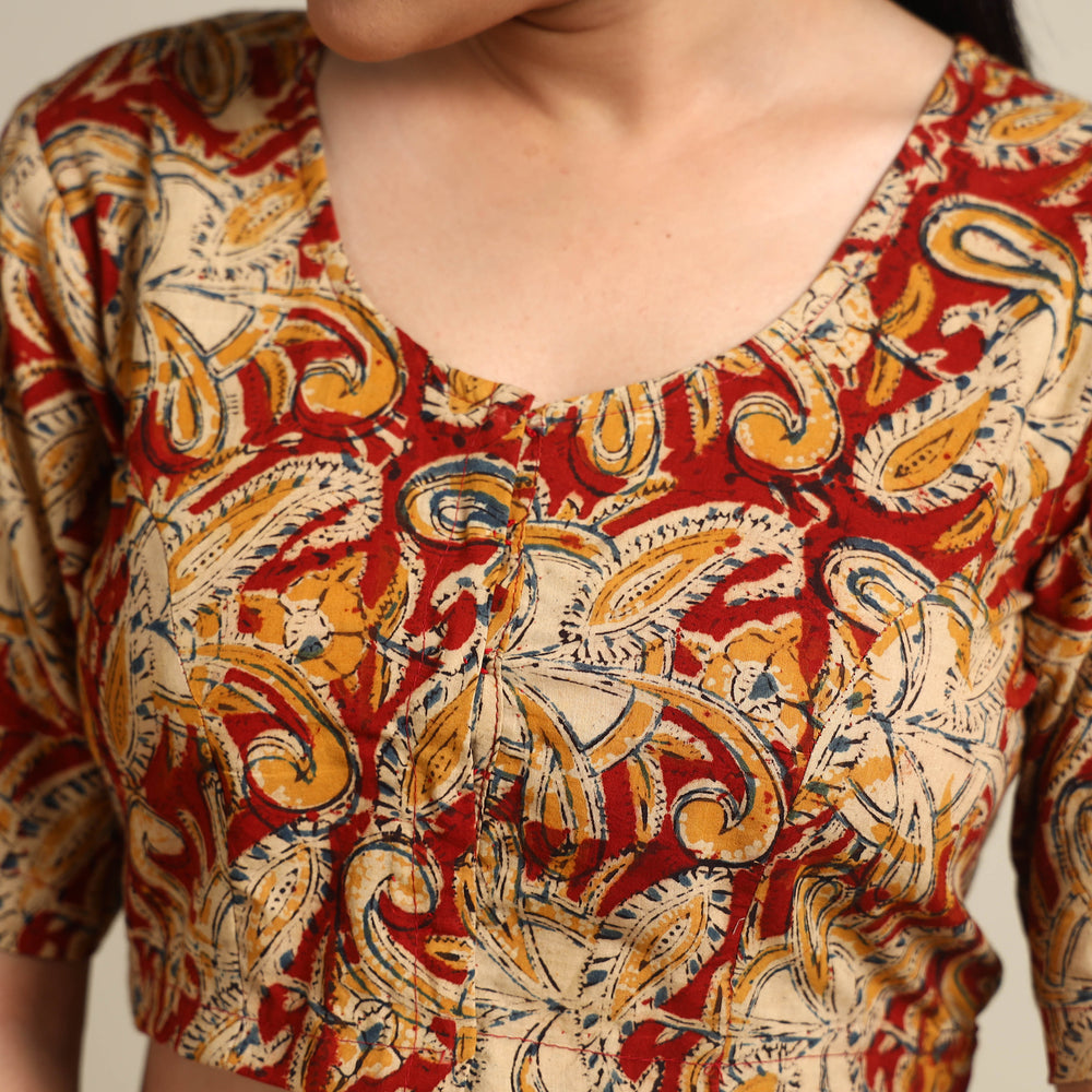 Red - Kalamkari Block Printed Cotton Stitched Blouse