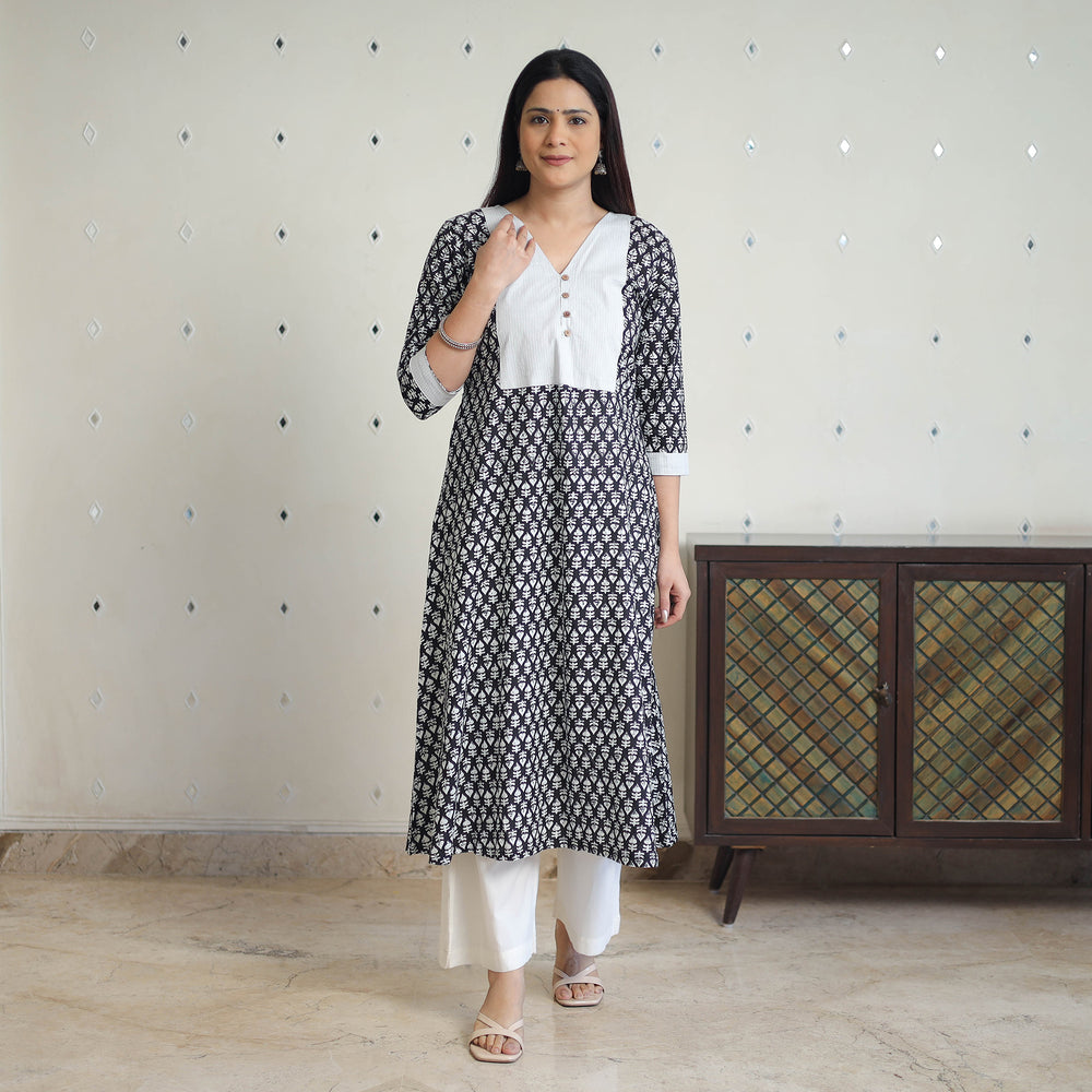 Black - Jaipur Printed Patchwork Cotton A-Line Kurta 03