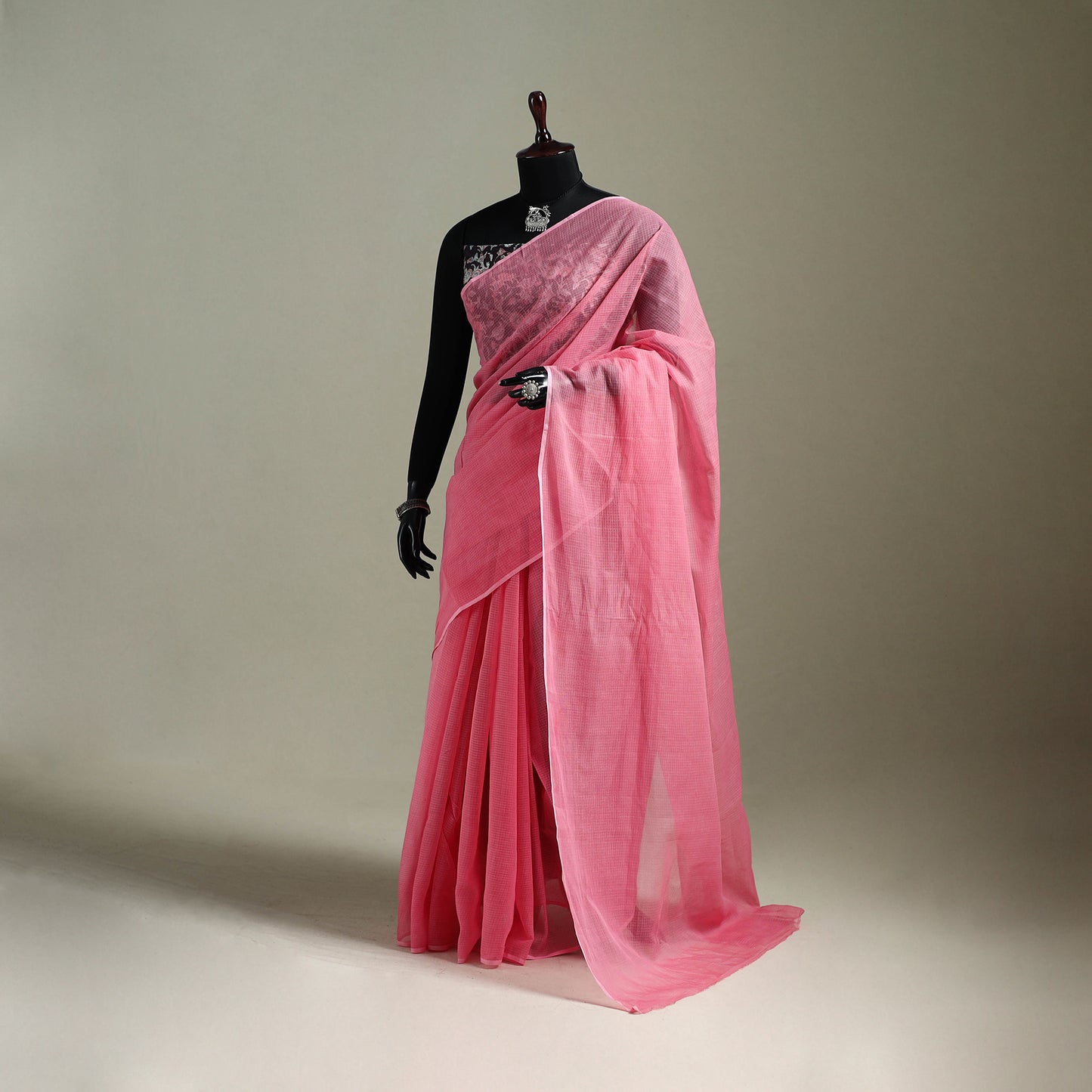 Pink - Nazaakat Kota Doria Cotton Plain Saree with Blouse & Jewellery Set 122