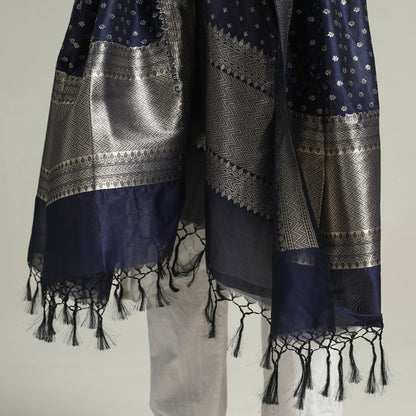 Blue - Banarasi Semi Silk Zari Jaal Dupatta with Tassels 15