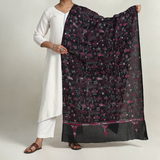 Black - Bengal Kantha Hand Embroidery Cotton Dupatta with Tassels