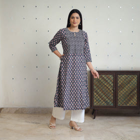 Black Jaipur Print Patchwork Cotton Straight Kurta for Women