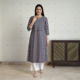Black Jaipur Print Patchwork Cotton Straight Kurta for Women
