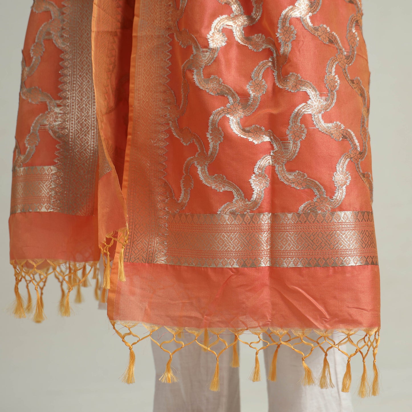Orange - Banarasi Semi Silk Zari Jaal Dupatta with Tassels 16