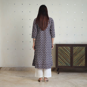 Black Jaipur Print Patchwork Cotton Straight Kurta for Women