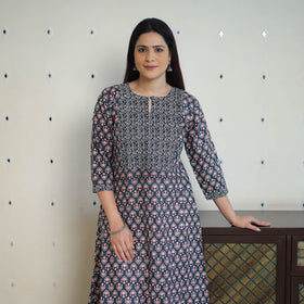 Black Jaipur Print Patchwork Cotton Straight Kurta for Women