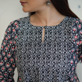 Black Jaipur Print Patchwork Cotton Straight Kurta for Women