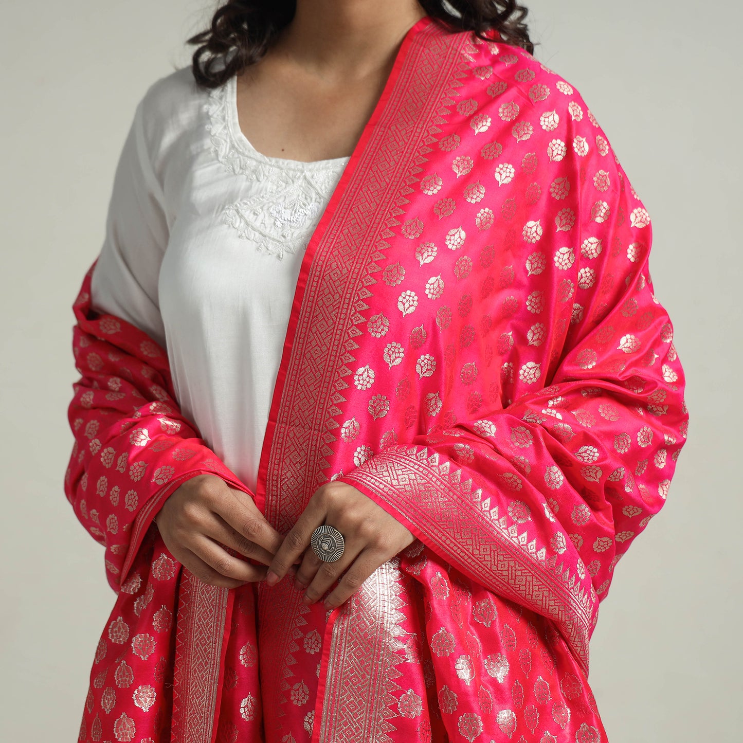 Pink - Banarasi Semi Silk Zari Jaal Dupatta with Tassels 17