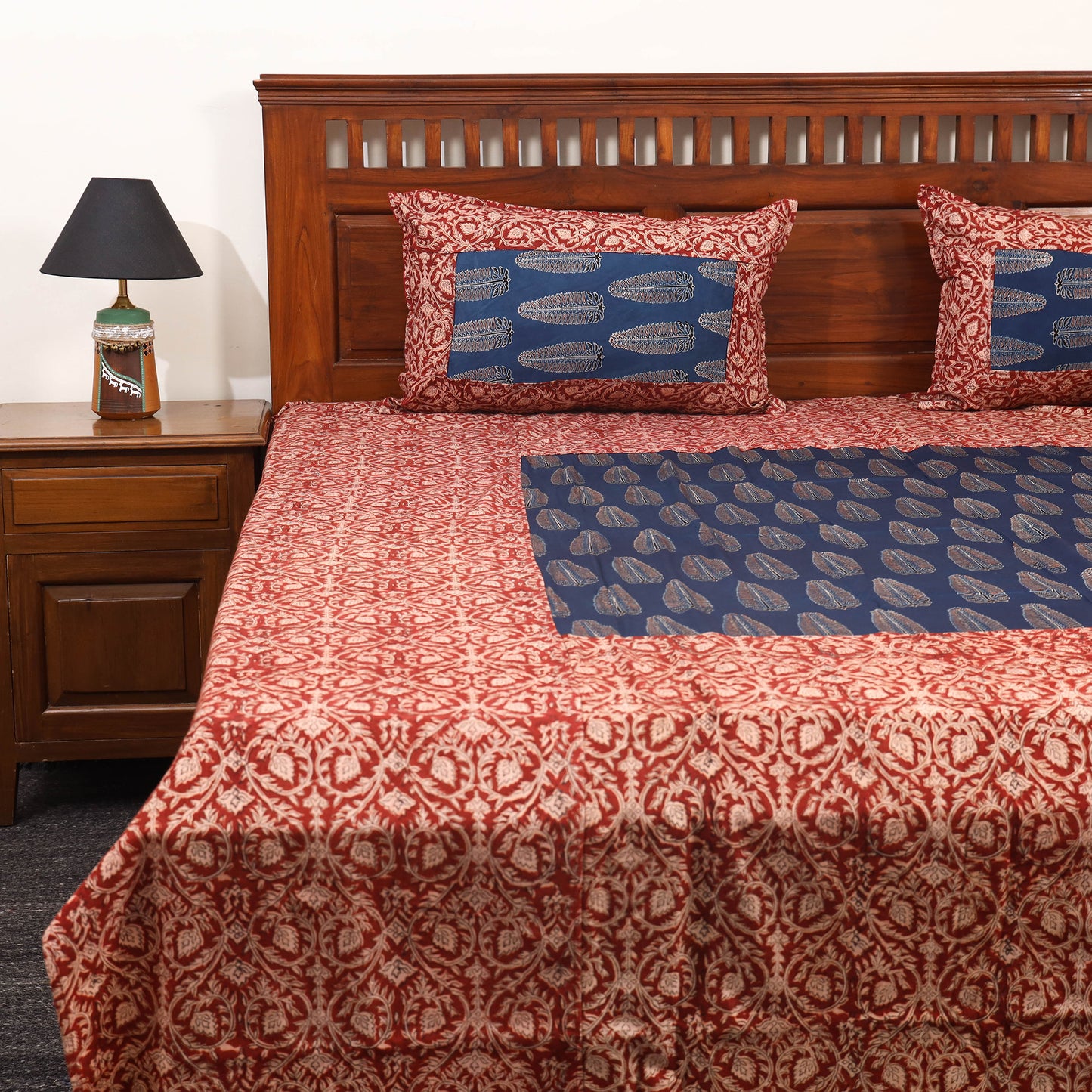 Red - kalamkari with modal silk patch cotton bedsheet set