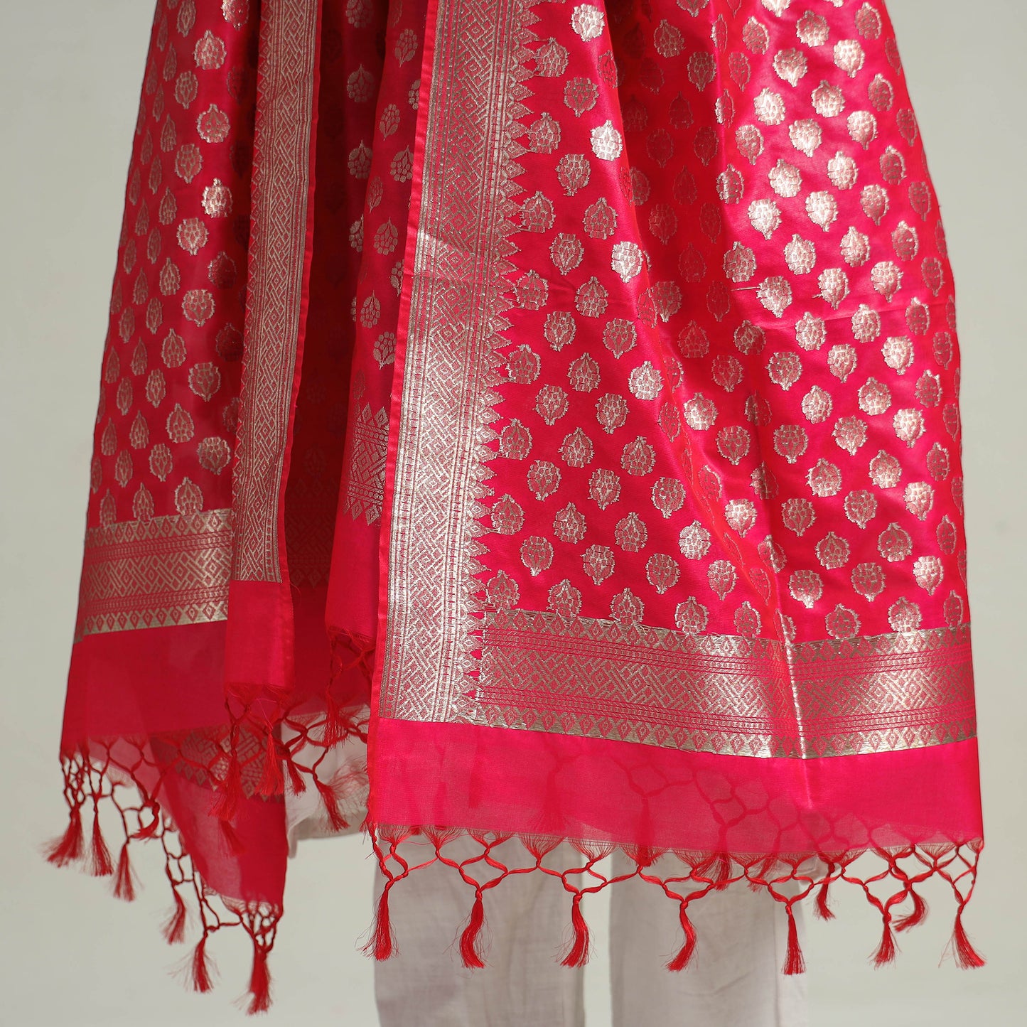 Pink - Banarasi Semi Silk Zari Jaal Dupatta with Tassels 17