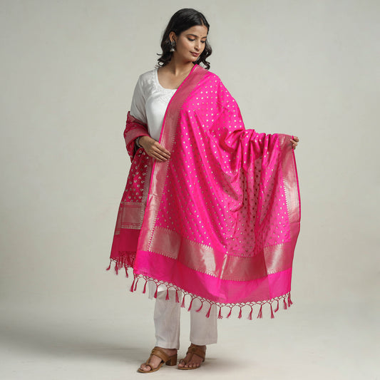 Pink - Banarasi Semi Silk Zari Jaal Dupatta with Tassels 18