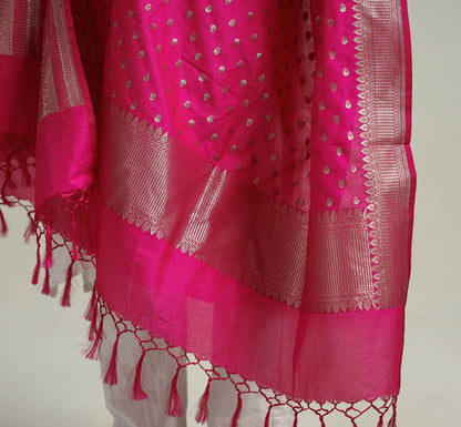 Pink - Banarasi Semi Silk Zari Jaal Dupatta with Tassels 18