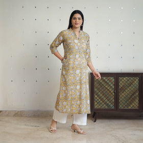 Yellow - Block Print Cotton Straight Sanganeri Kurta 02