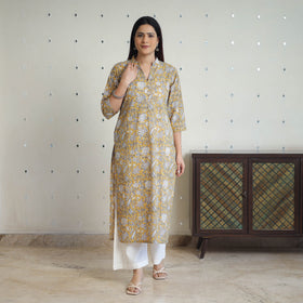 Yellow - Block Print Cotton Straight Sanganeri Kurta 02