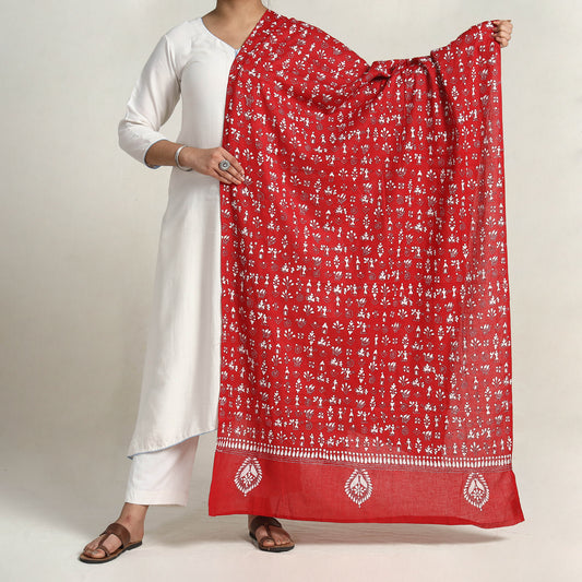 Red - Bengal Kantha Hand Embroidery Cotton Dupatta with Tassels