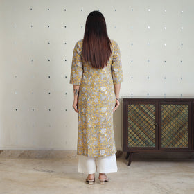 Yellow - Block Print Cotton Straight Sanganeri Kurta 02