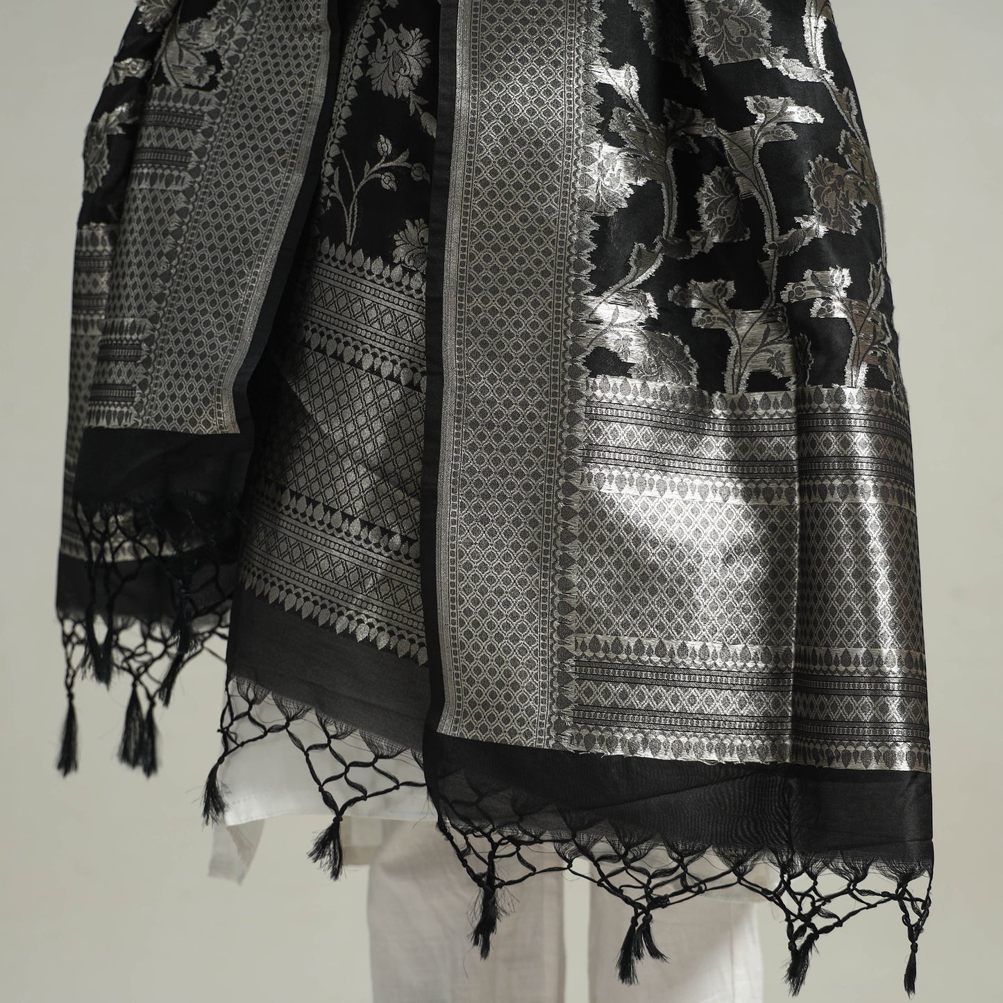 Black - Banarasi Semi Silk Zari Jaal Dupatta with Tassels 19