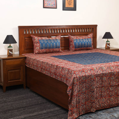 Red Kalamkari Print with Ajrakh Modal Silk Patch Cotton Bedsheet Set