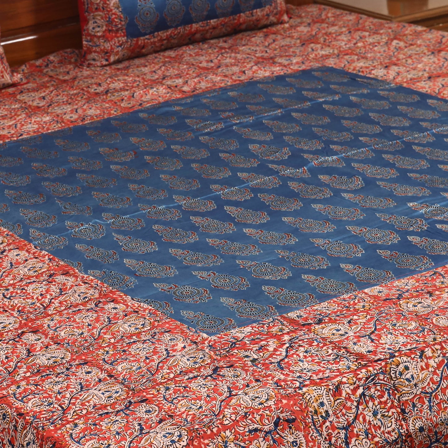 Red Kalamkari Print with Ajrakh Modal Silk Patch Cotton Bedsheet Set