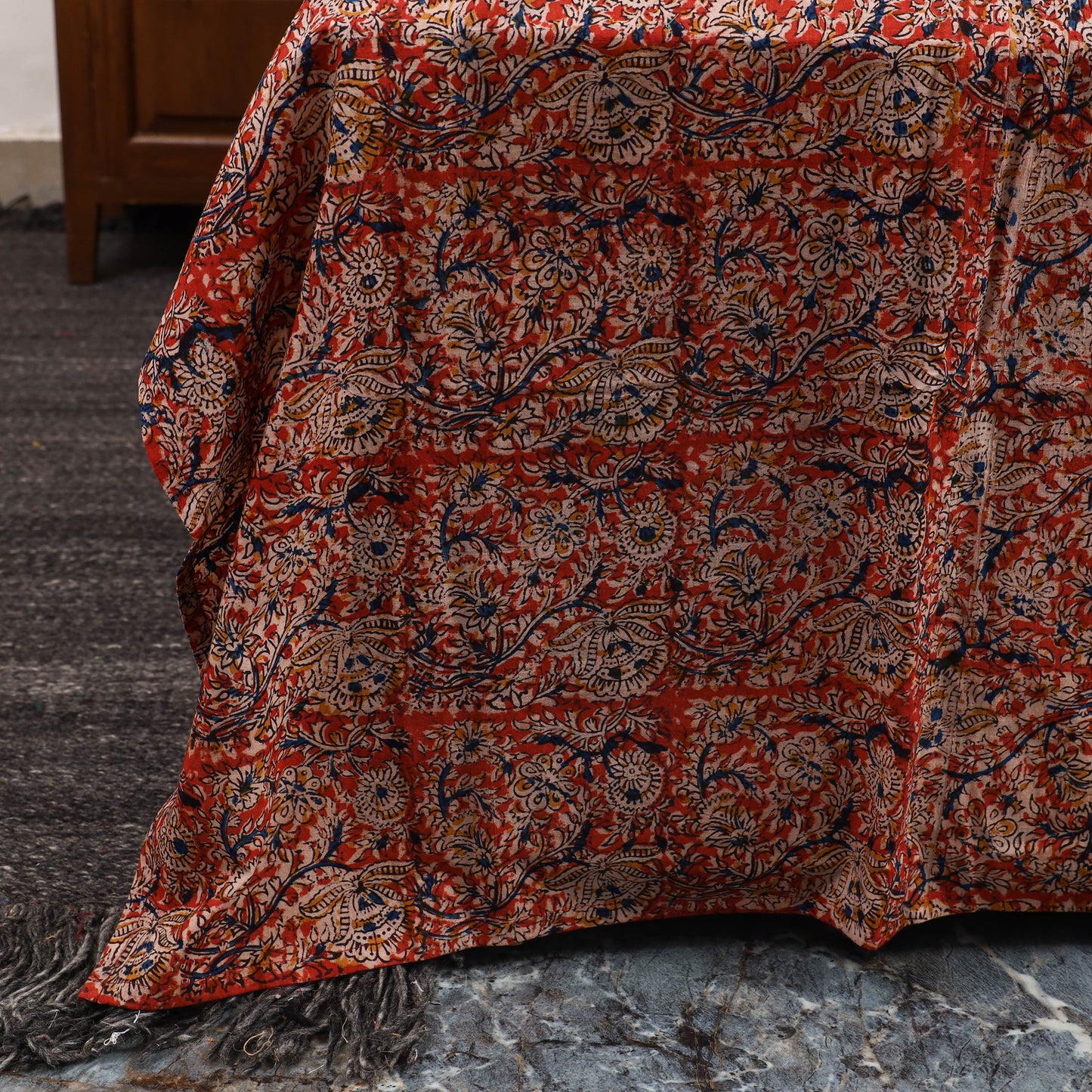 Red Kalamkari Print with Ajrakh Modal Silk Patch Cotton Bedsheet Set