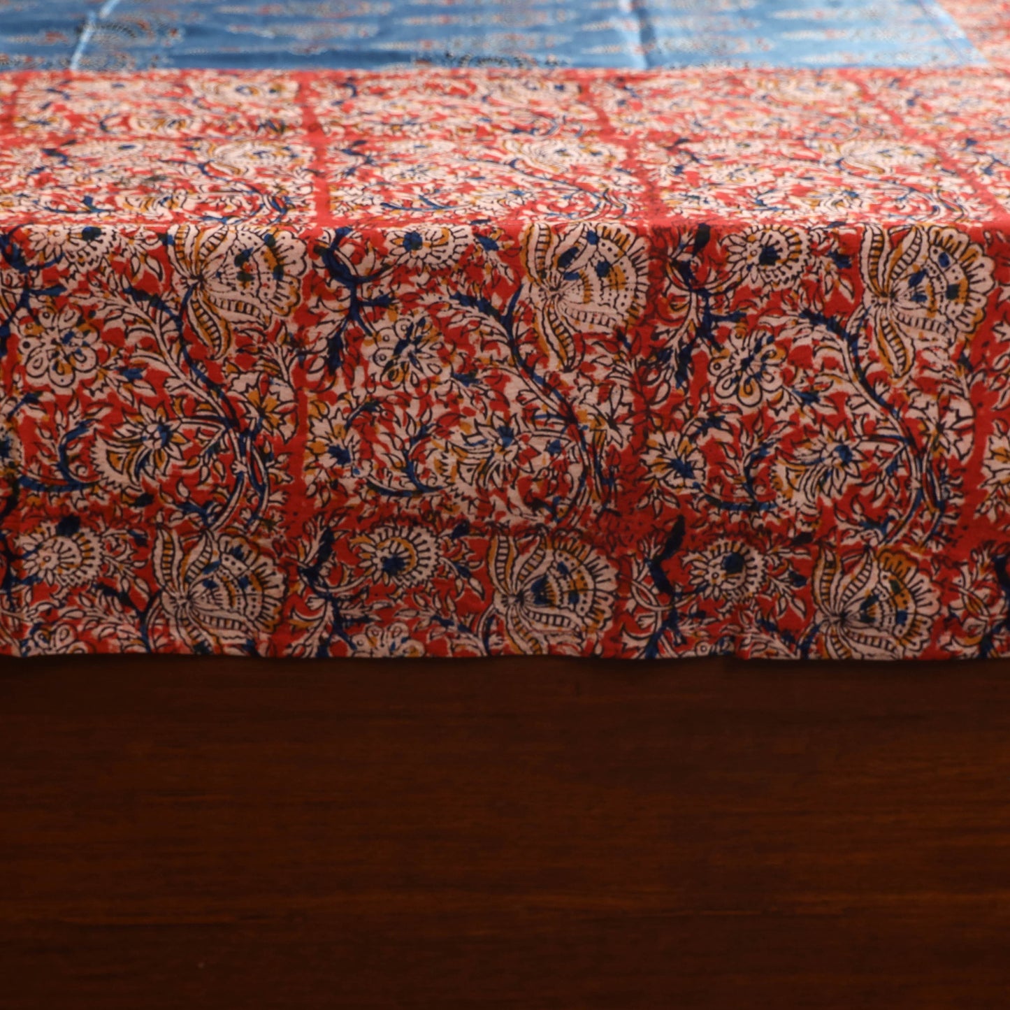 Red Kalamkari Print with Ajrakh Modal Silk Patch Cotton Bedsheet Set