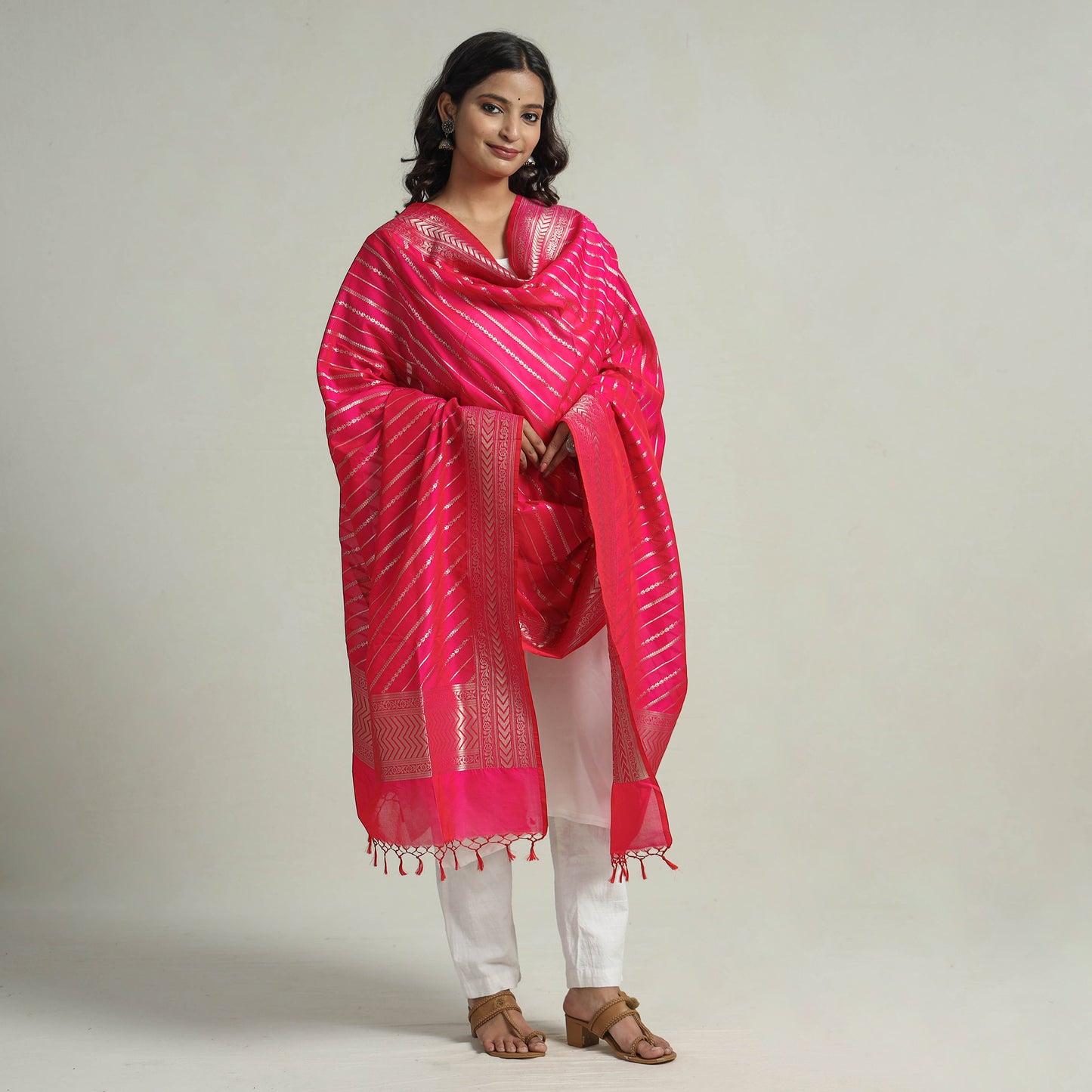 Pink - Banarasi Semi Silk Zari Jaal Dupatta with Tassels 21