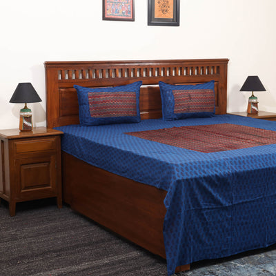 Blue Bagh Print with Ajrakh Modal Silk Patch Cotton Bedsheet Set
