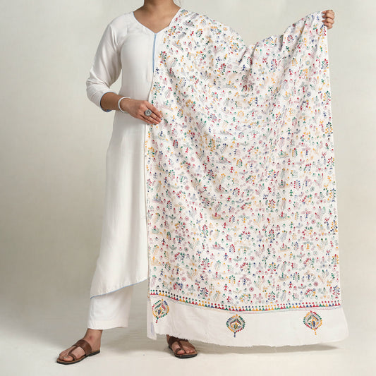 White - Bengal Kantha Hand Embroidery Cotton Dupatta with Tassels