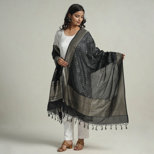 Black - Banarasi Semi Silk Zari Jaal Dupatta with Tassels 22