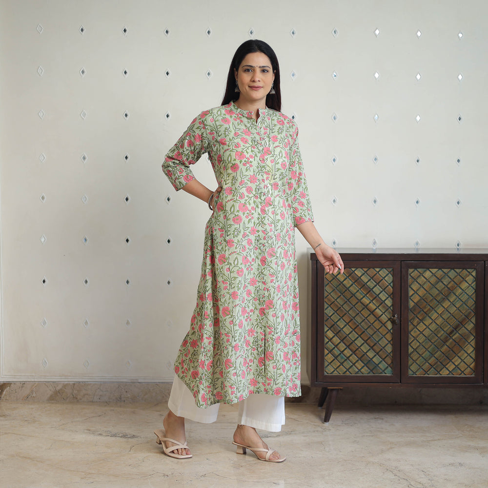 Green - Block Print Cotton A-Line Sanganeri Kurta 09