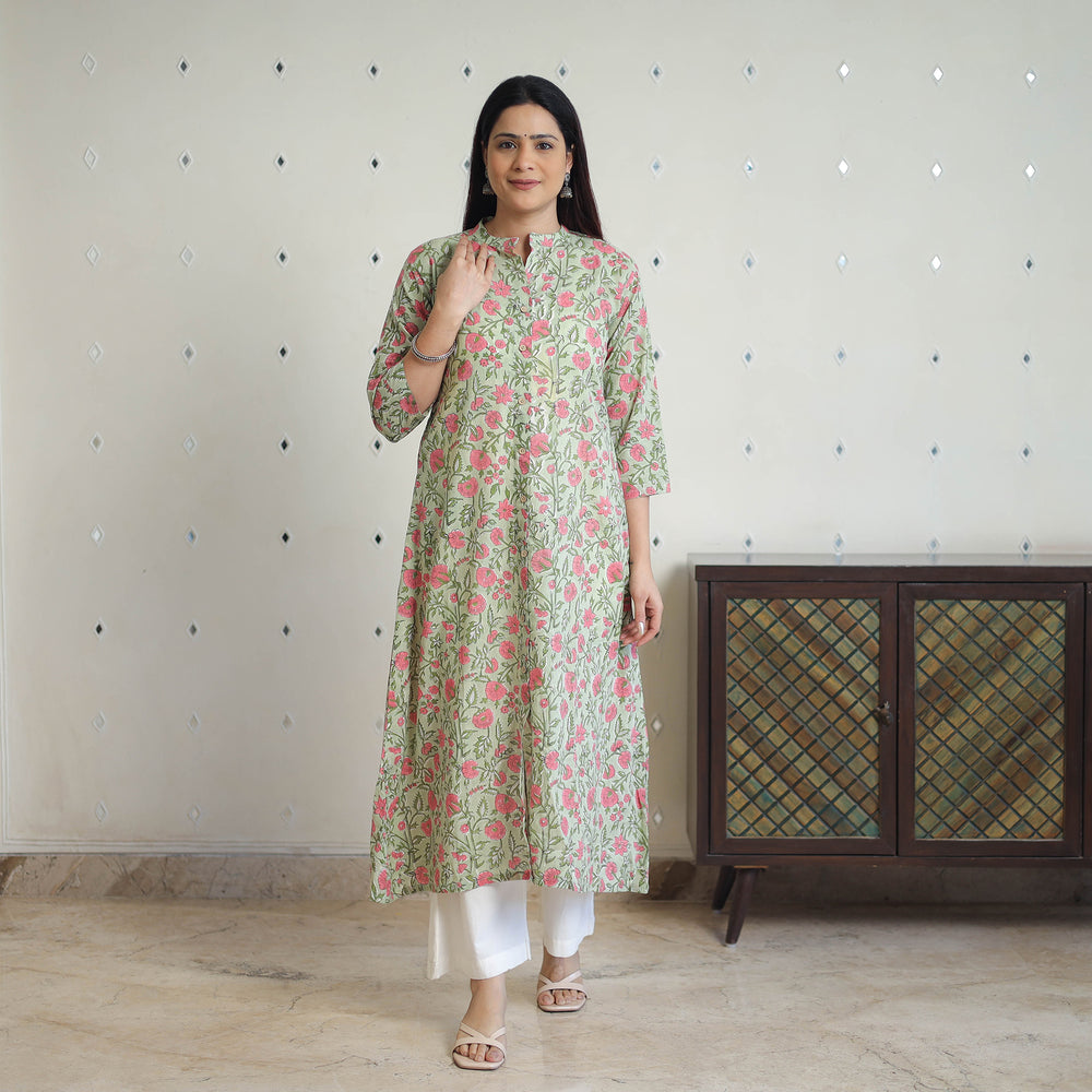 Green - Block Print Cotton A-Line Sanganeri Kurta 09