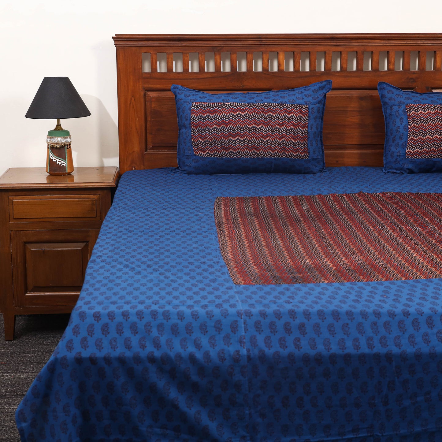 Blue Bagh Print with Ajrakh Modal Silk Patch Cotton Bedsheet Set