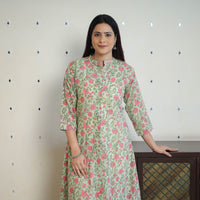 Green - Block Print Cotton A-Line Sanganeri Kurta 09