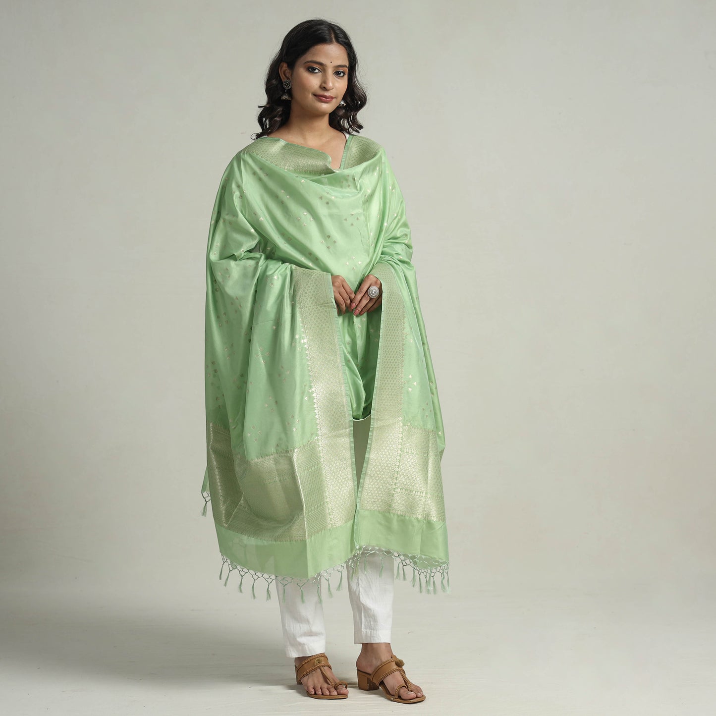 Green - Banarasi Semi Silk Zari Jaal Dupatta with Tassels 23