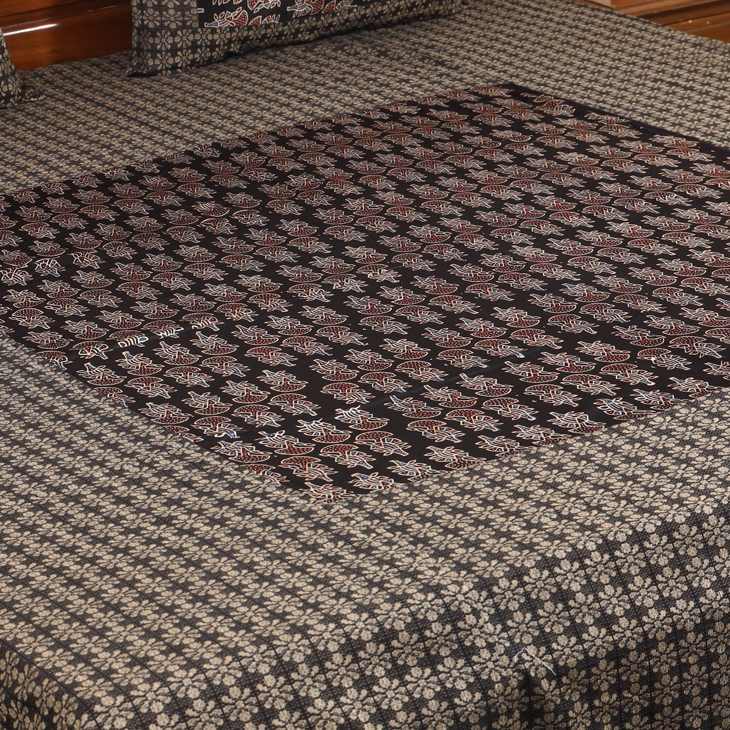 Brown Jacquard with Ajrakh Modal Silk Patch Cotton Bedsheet Set