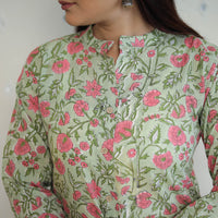 Green - Block Print Cotton A-Line Sanganeri Kurta 09