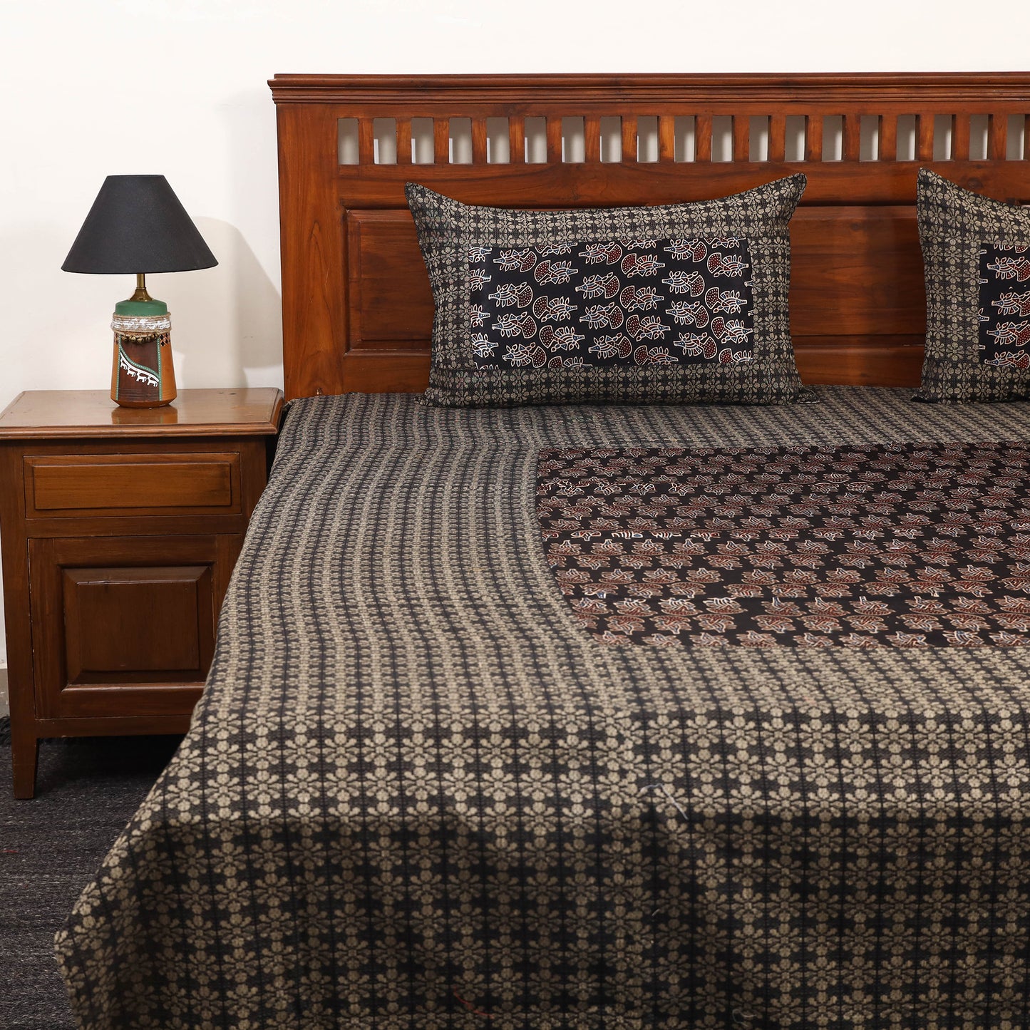 Brown Jacquard with Ajrakh Modal Silk Patch Cotton Bedsheet Set