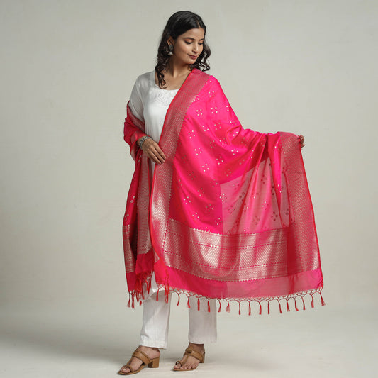 Pink - Banarasi Semi Silk Zari Jaal Dupatta with Tassels 24