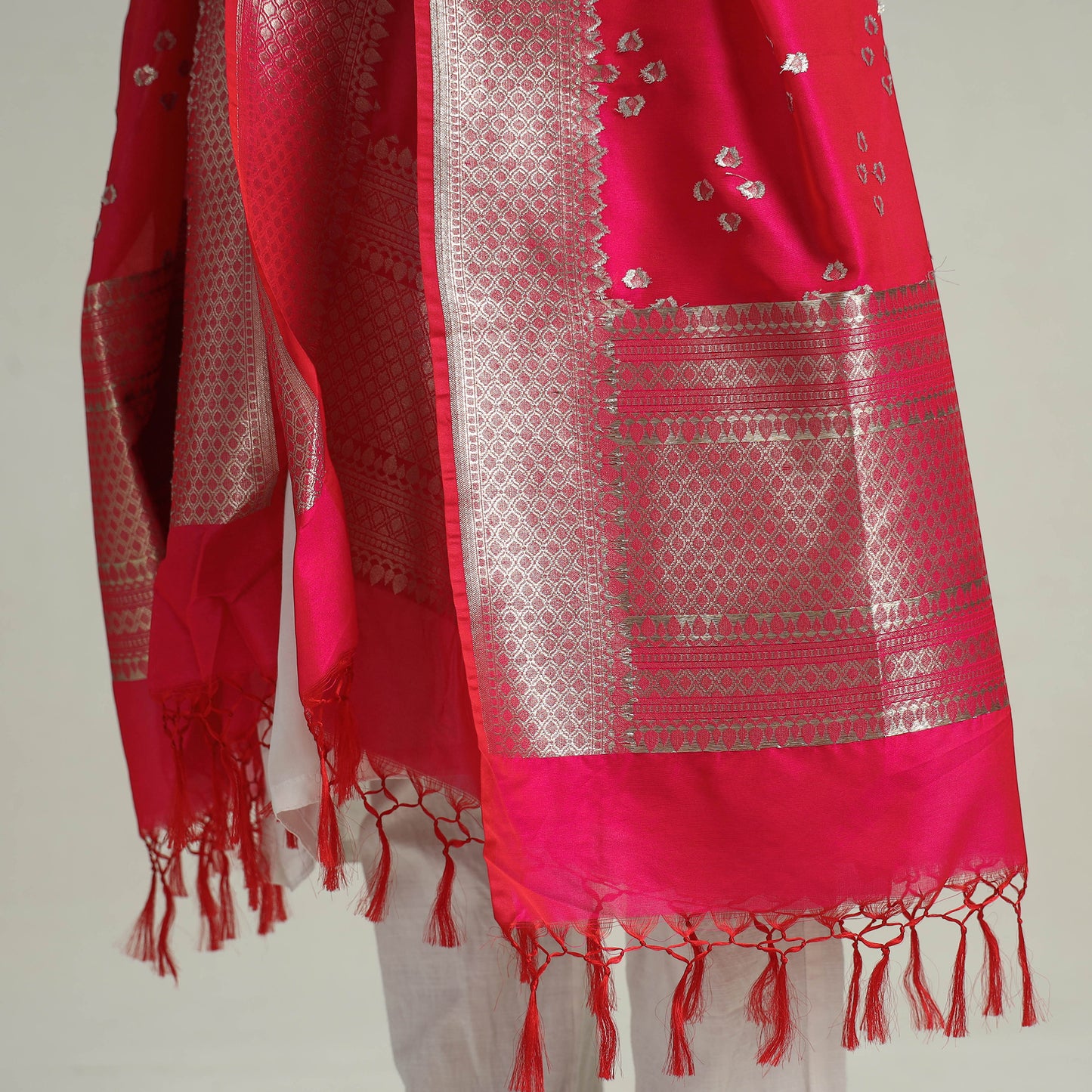 Pink - Banarasi Semi Silk Zari Jaal Dupatta with Tassels 24