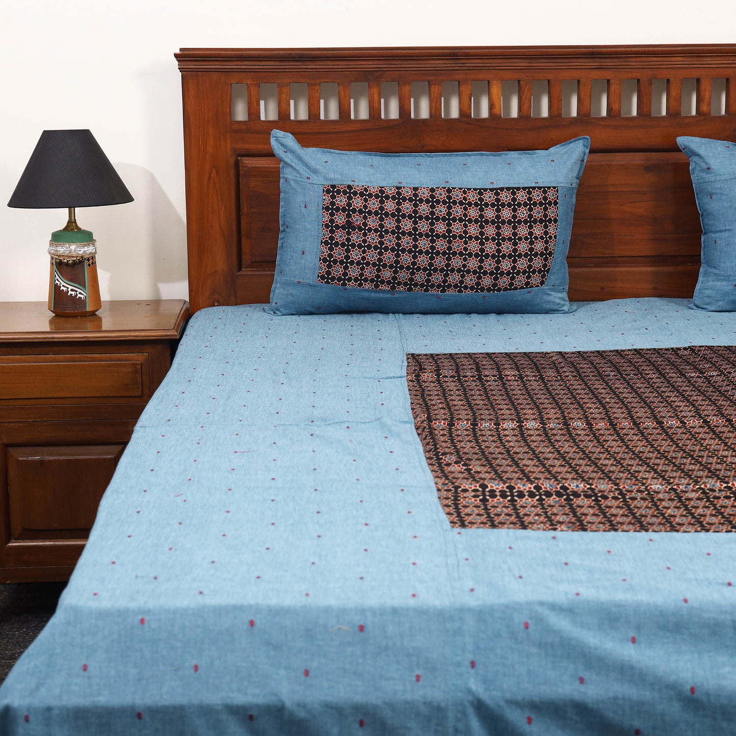 Blue - jacquard with modal silk patch cotton bedsheet set