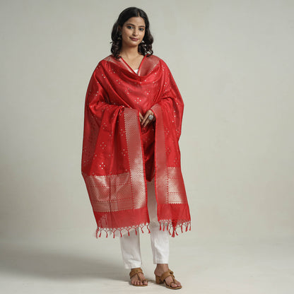 Red - Banarasi Semi Silk Zari Jaal Dupatta with Tassels 25