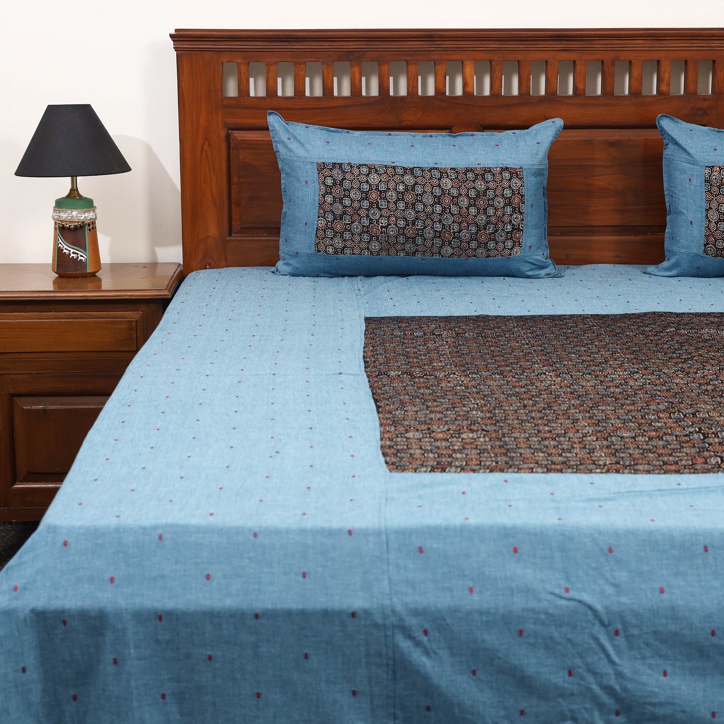Blue - jacquard with modal silk patch cotton bedsheet set