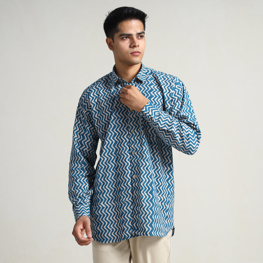 Blue - Hand Batik Printed Cotton Men Full Sleeve Shirt 09