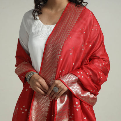 Red - Banarasi Semi Silk Zari Jaal Dupatta with Tassels 25