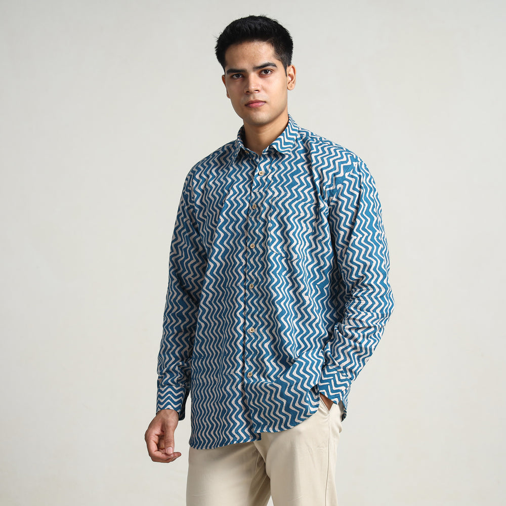 Blue - Hand Batik Printed Cotton Men Full Sleeve Shirt 09