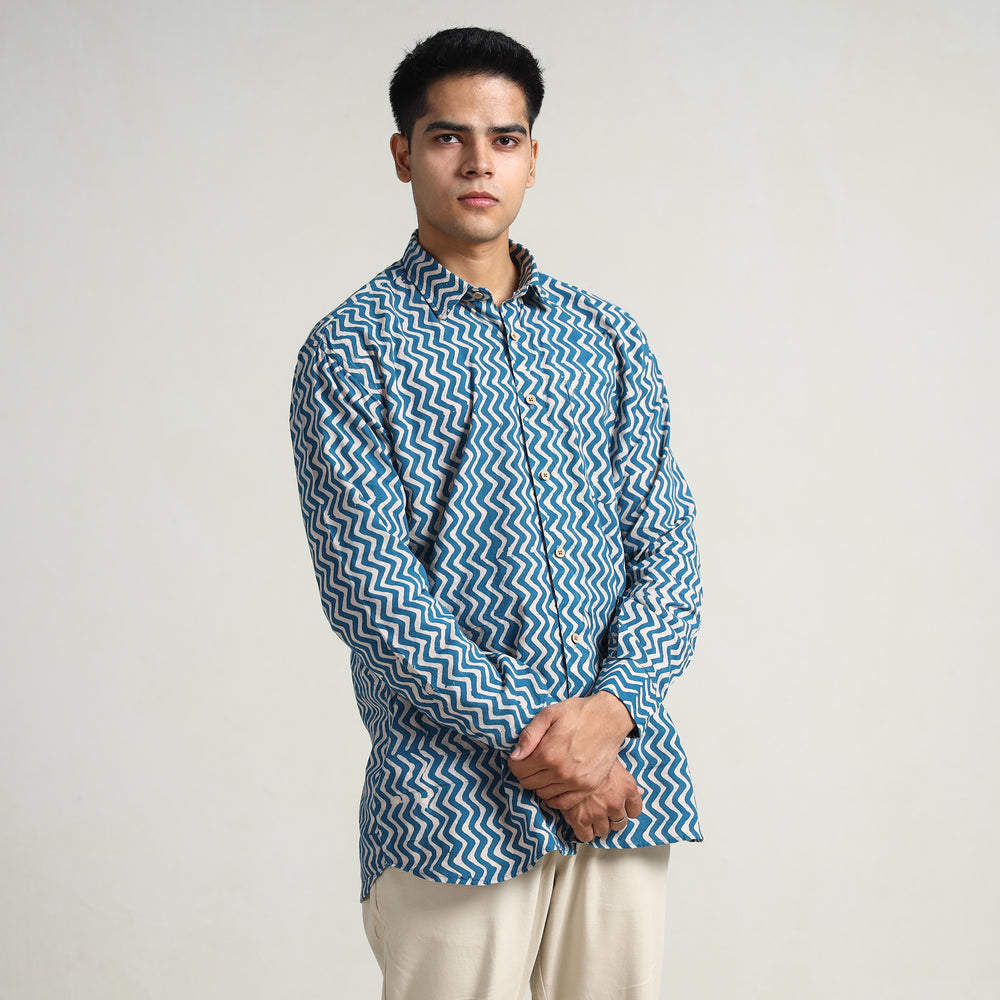 Blue - Hand Batik Printed Cotton Men Full Sleeve Shirt 09