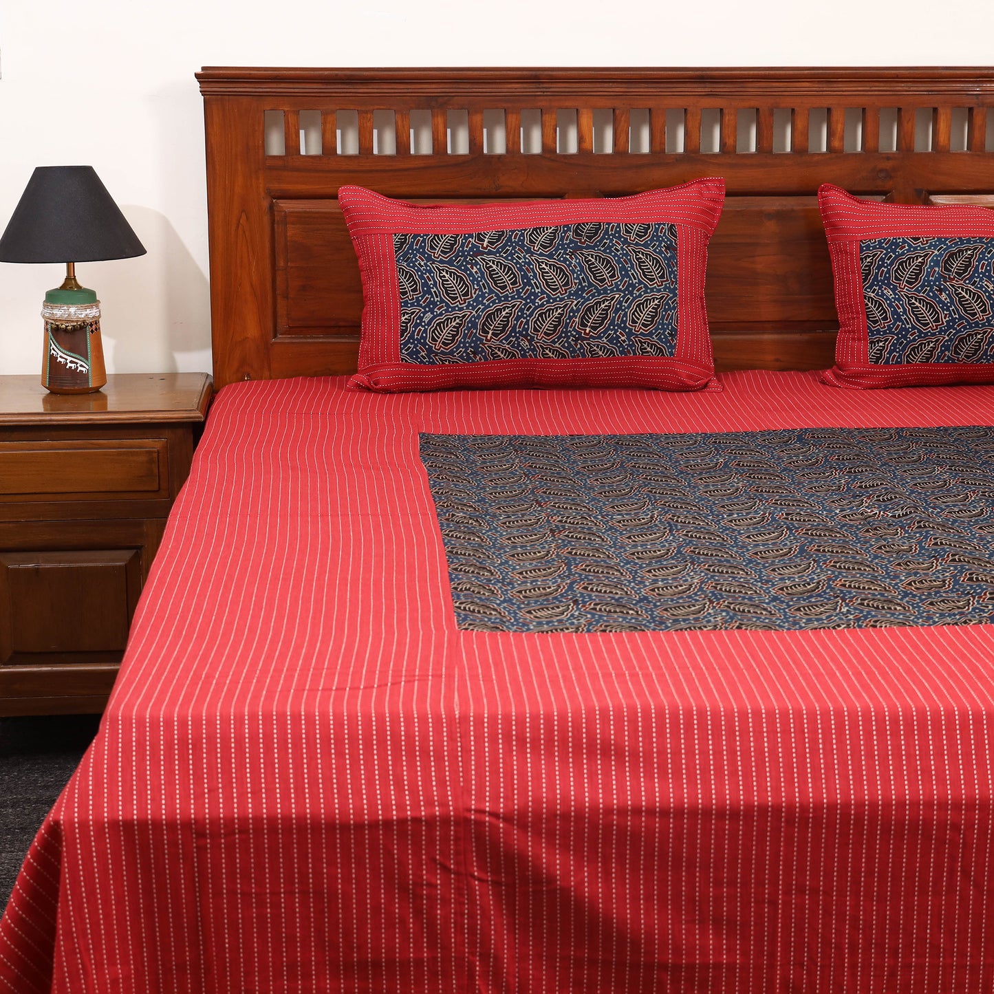 Red Jacquard with Ajrakh Modal Silk Patch Cotton Bedsheet Set
