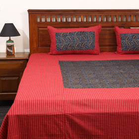 Red Jacquard with Ajrakh Modal Silk Patch Cotton Bedsheet Set
