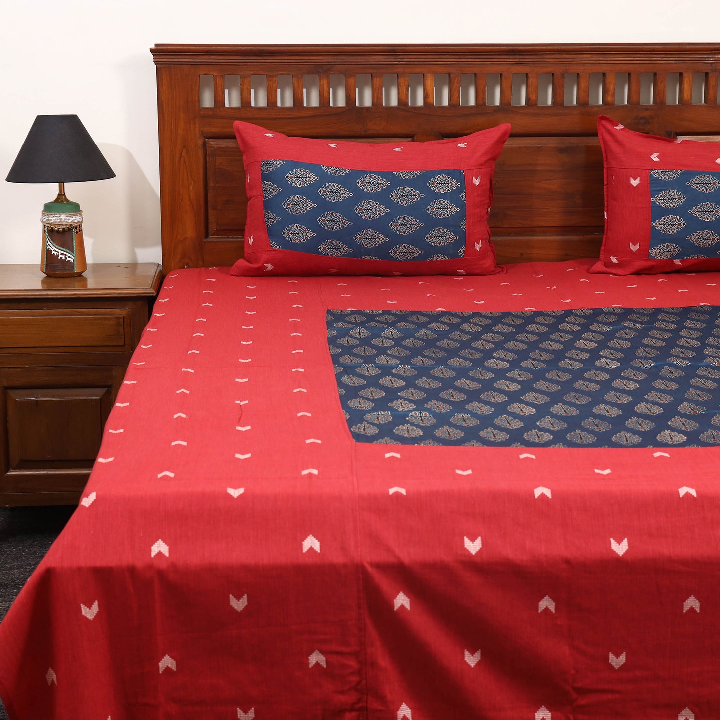 Red - jacquard with modal silk patch cotton bedsheet set 04