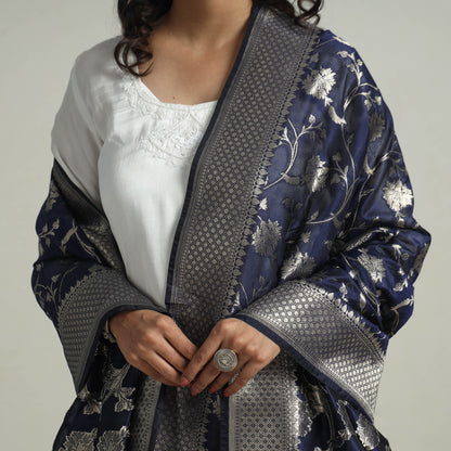 Blue - Banarasi Semi Silk Zari Jaal Dupatta with Tassels 26
